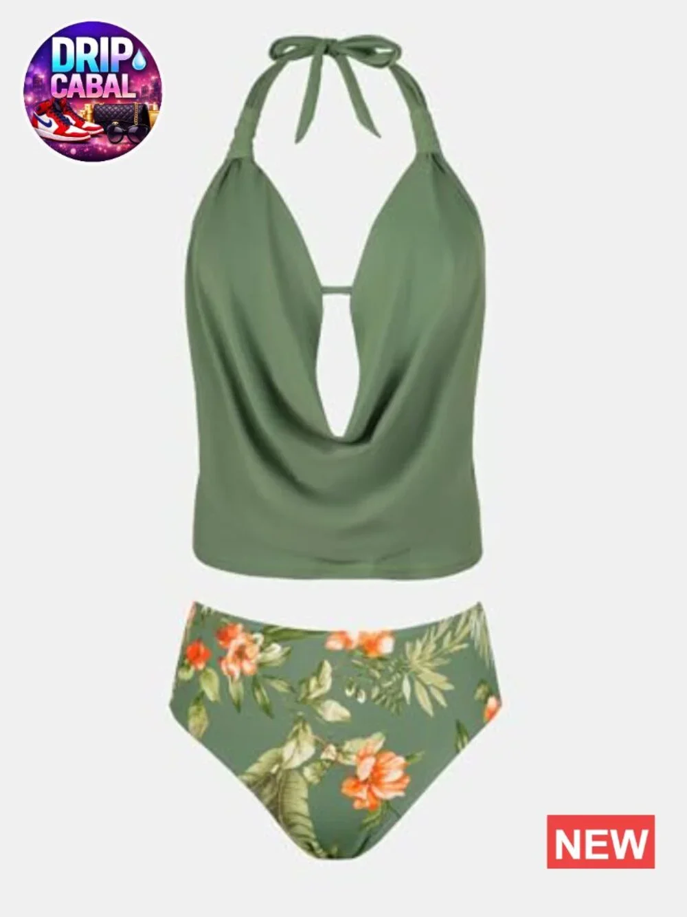 Halter Deep V Cowl Neck Tankini Bathing Suit with High Waist Bottom